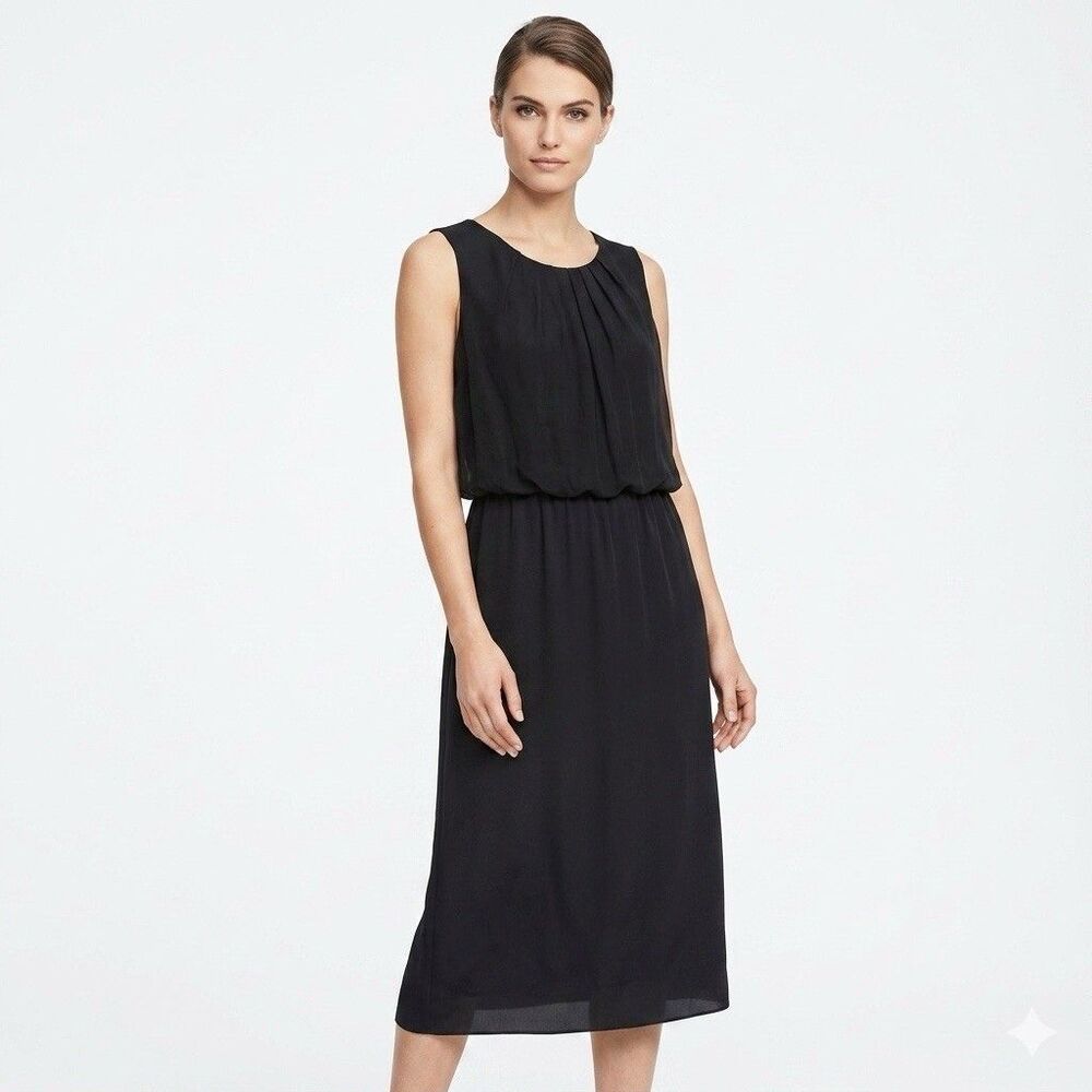Lafayette 148 Dress Womens 12 Black Silk Sleeveless Luxury Sheer Overlay Classic